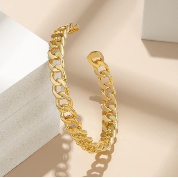 Gold 14k Gold Plated Chain Cuff Bracelet - Picture 1 of 3